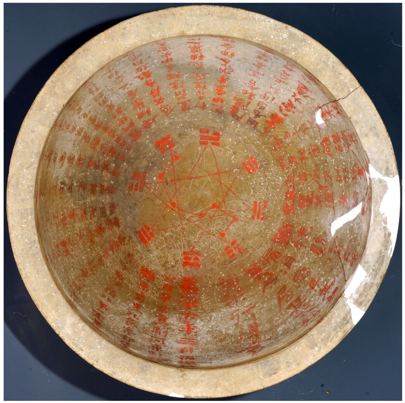 Han-dynasty (Xiping era) earthenware feng shui divination bowl with trigrams
