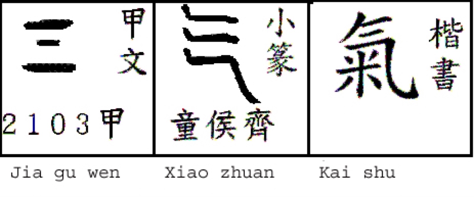 The character for qi (氣) shown across oracle bone, seal, and regular script forms